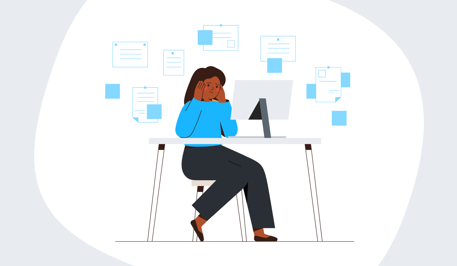 Illustration d'une femme assise à son bureau, dépassée par la quantité des communications qu'elle reçoit.