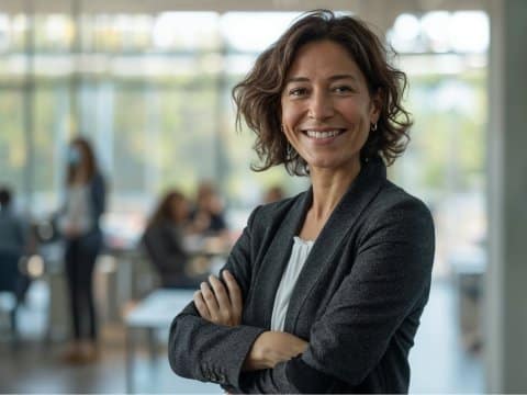 Middle-aged woman posing and smiling in an open space office with her colleagues in the background
