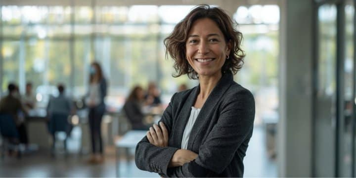 Middle-aged woman posing and smiling in an open space office with her colleagues in the background