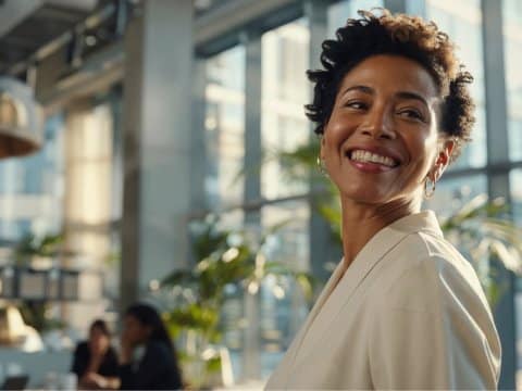 Middle-aged woman in a natural lighted open space office looking behind her and smiling
