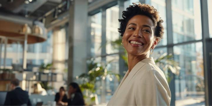 Middle-aged woman in a natural lighted open space office looking behind her and smiling