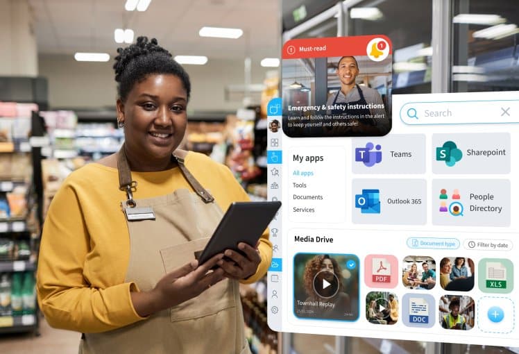 Grocery frontline worker holding a tablet with display of Sociabble's modern intranet features