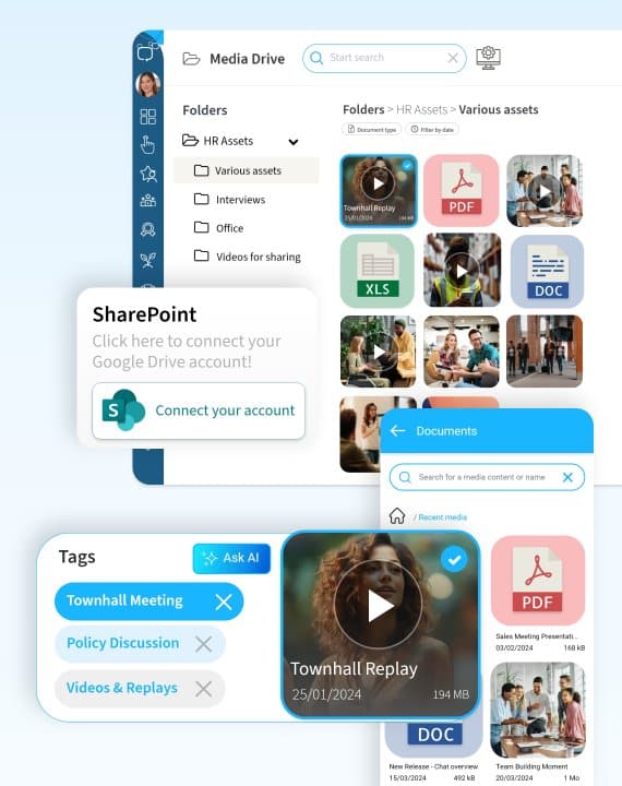 Screenshots of Sociabble's Modern Intranet with its Mobile-First Multimedia Document Library