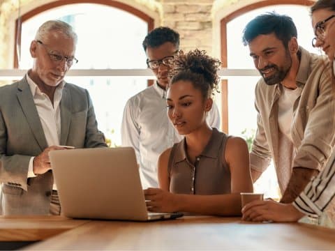 A team collaborating in a bright office