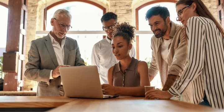 A team collaborating in a bright office